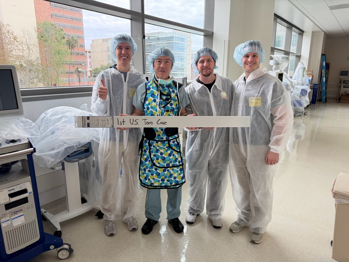 Left to right: Hyung Posalit (Toro Neurovascular); Dr. Satoshi Tateshima, Professor of Interventional Neuroradiology at UCLA; Brian Schleiker (Kaneka Neurovascular USA); and Ryan Walker (Toro Neurovascular), following the successful first U.S. clinical use of the Toro 88 Superbore Catheter.
